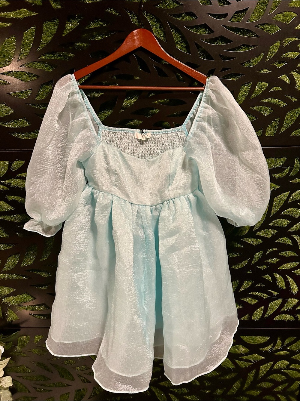 Klesis Babydoll Light Aqua Sheer Puff-Sleeve Square-Neck mini-dress, Small